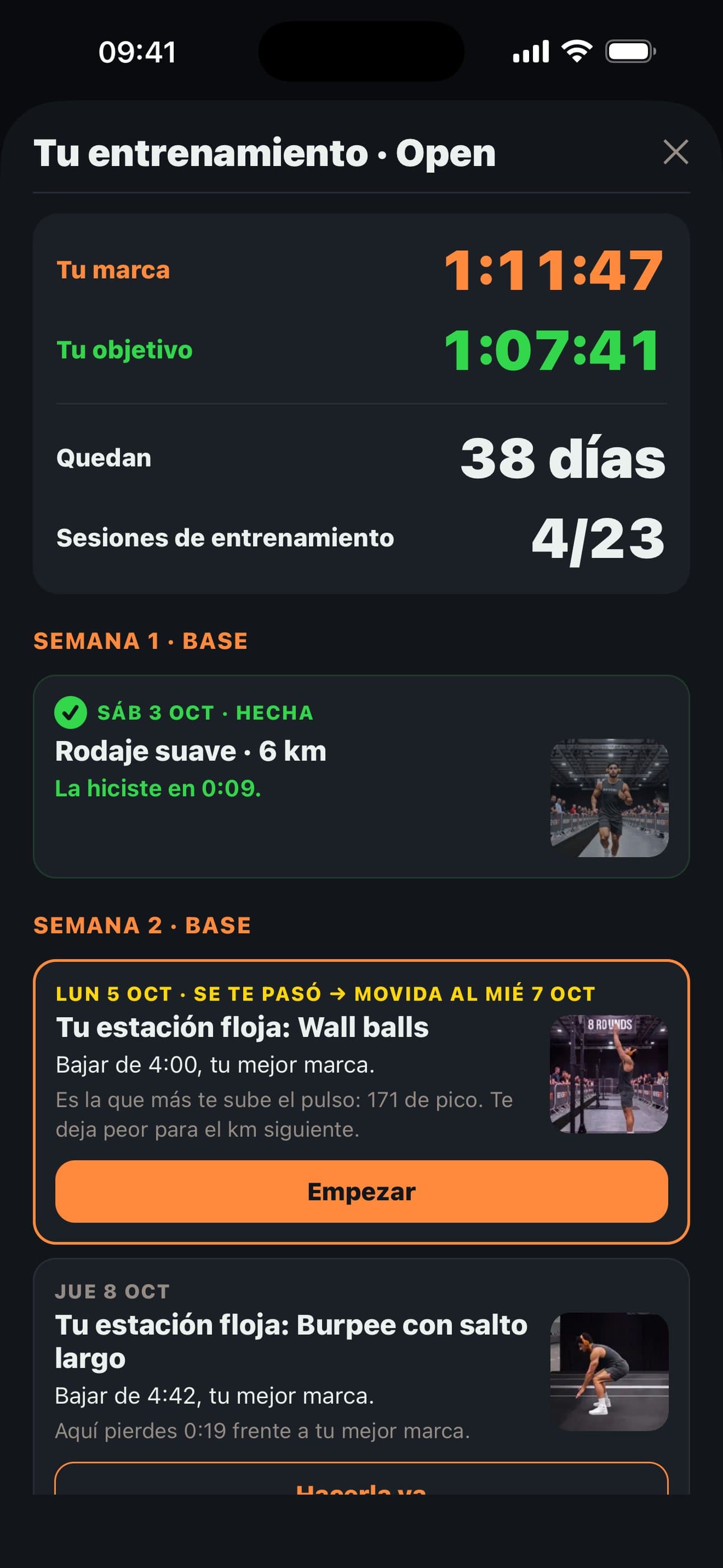 8Round: tu plan de entrenamiento con tu marca, tu objetivo, los días que quedan y las sesiones