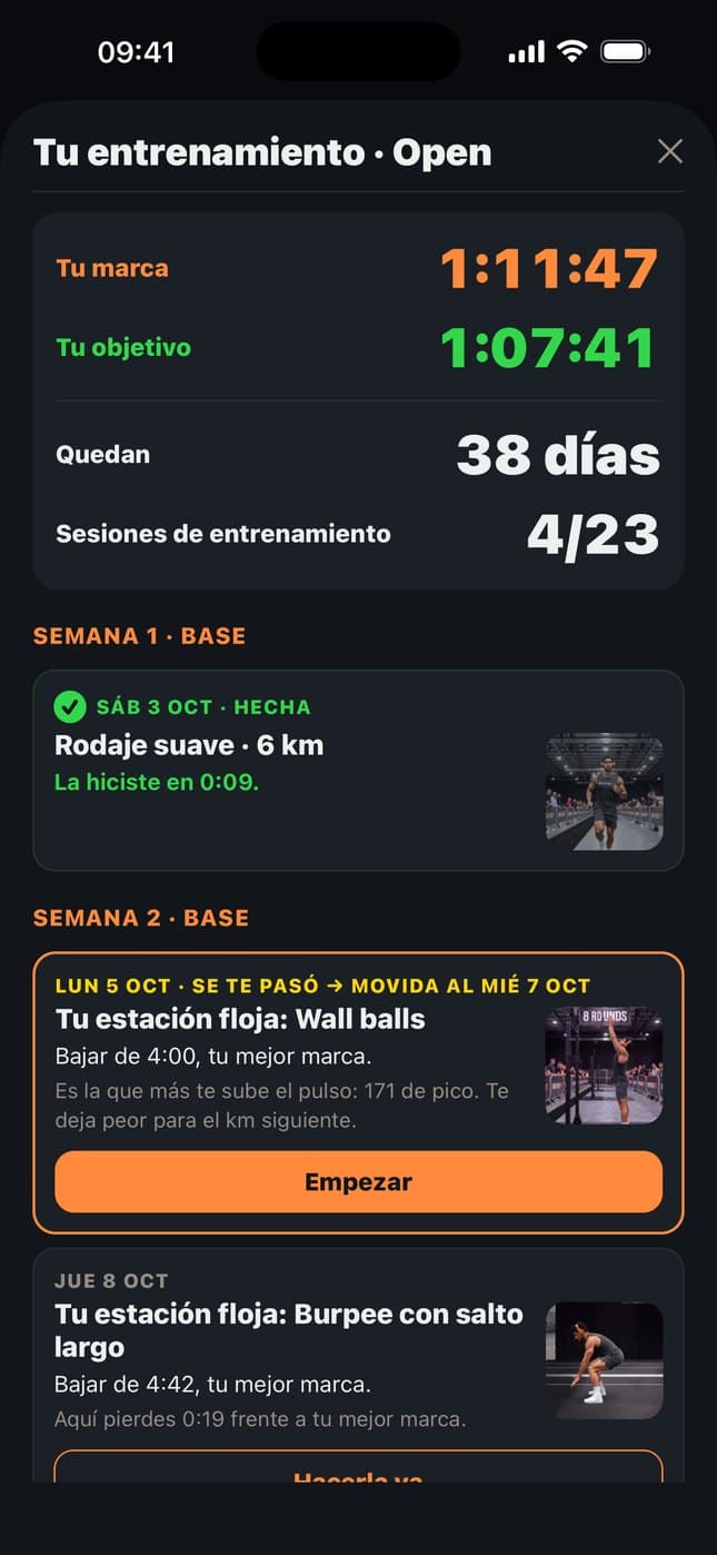 8Round: el plan de entrenamiento con tu marca, tu objetivo, los días que quedan y las sesiones