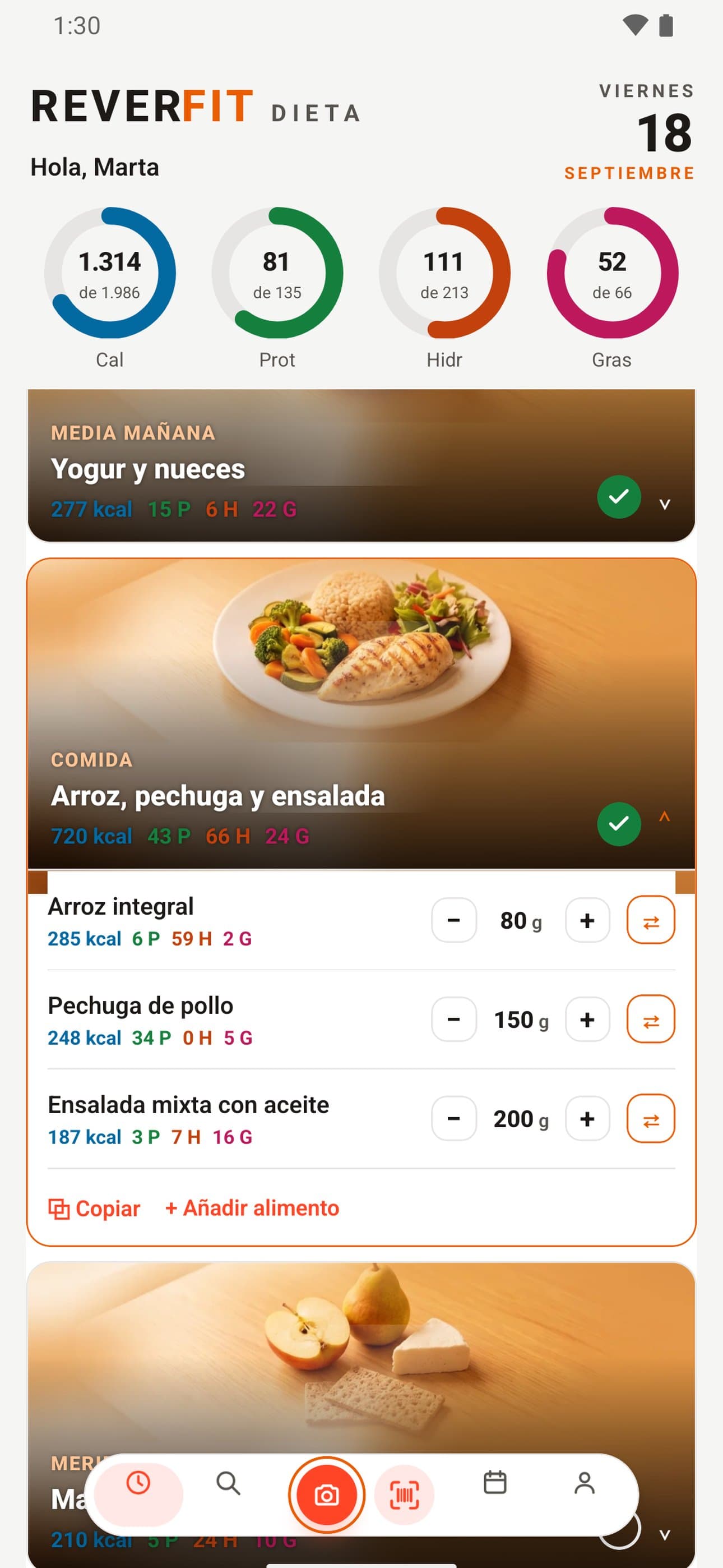 App de dieta: una comida abierta con los gramos