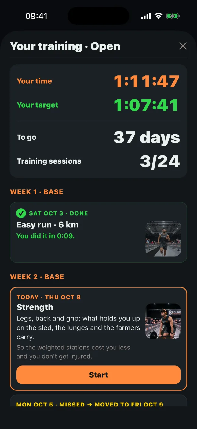 8Round: the training plan with your time, your target, the days left and the sessions