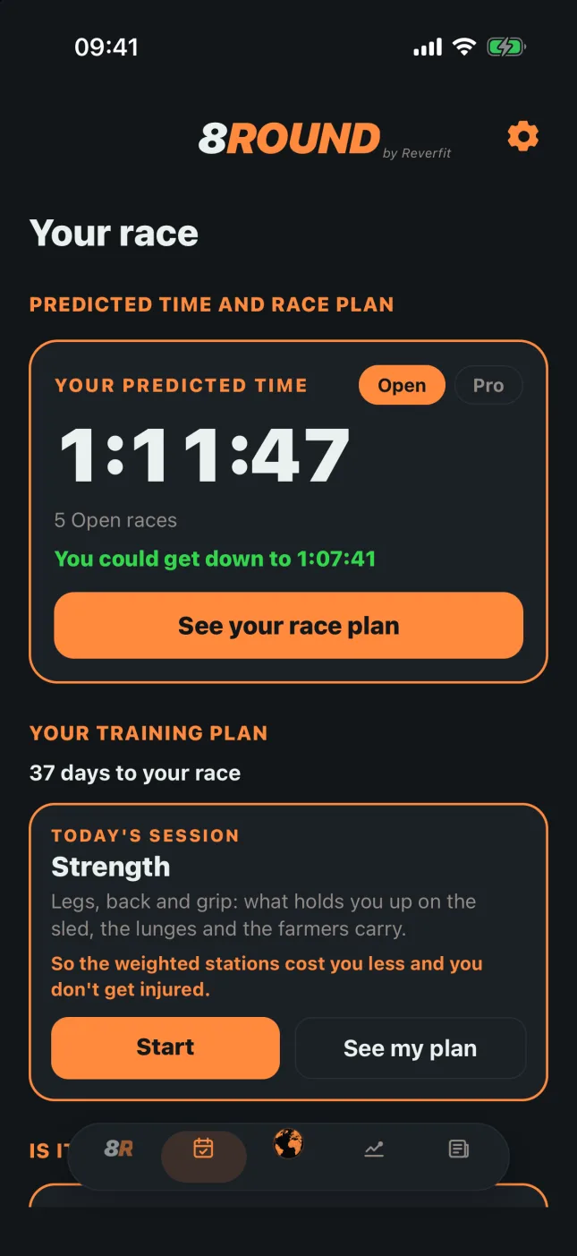 8Round: the Plan tab with the predicted time and «You could get down to 1:07:41»