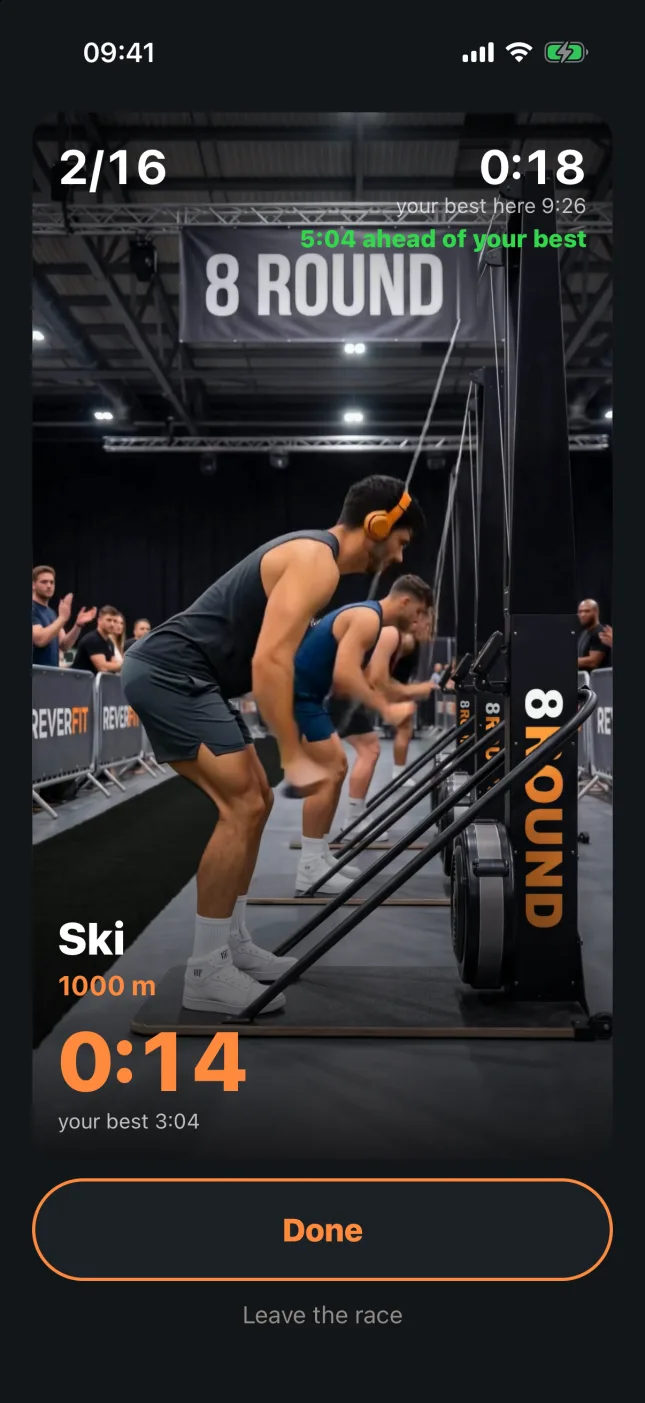 8Round: the ski erg mid-race, with «5:04 ahead of your best» in green