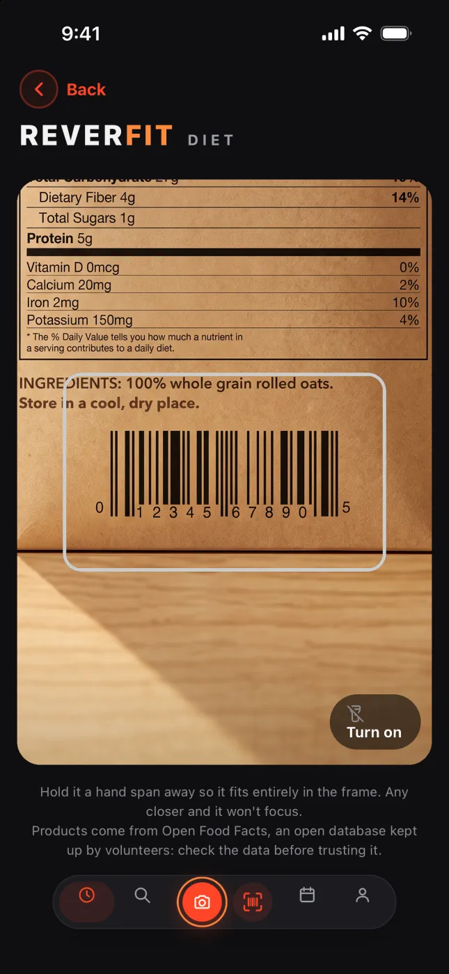 Reverfit Diet: scan the barcode and get the food with its nutrition facts