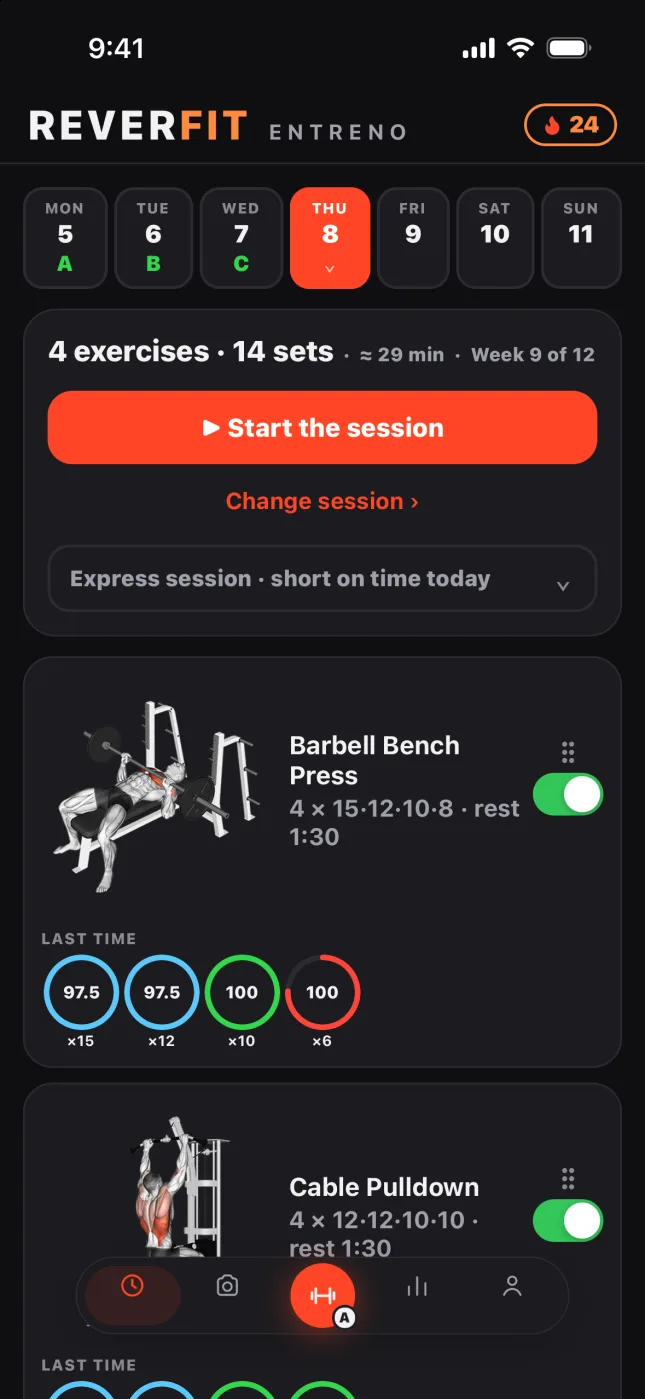 Reverfit Workout: today's session, with the week at the top and what you did last time