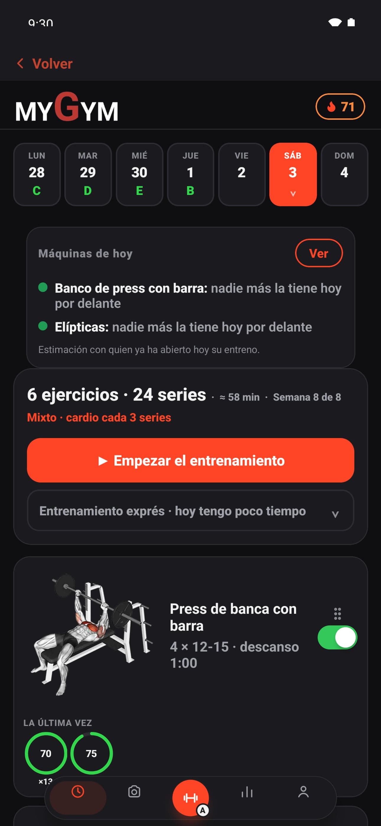 Entreno en MYGYM: la sesión de hoy con la semana arriba y las máquinas libres