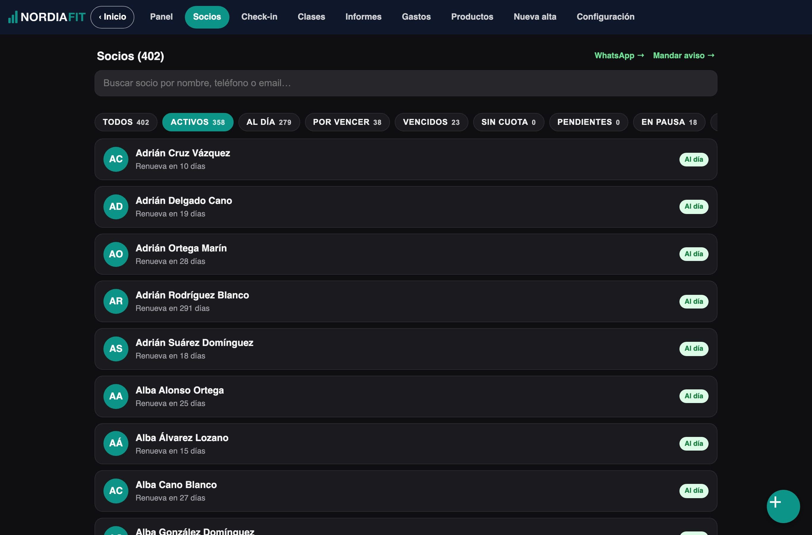 Member list with search and filters by fee status