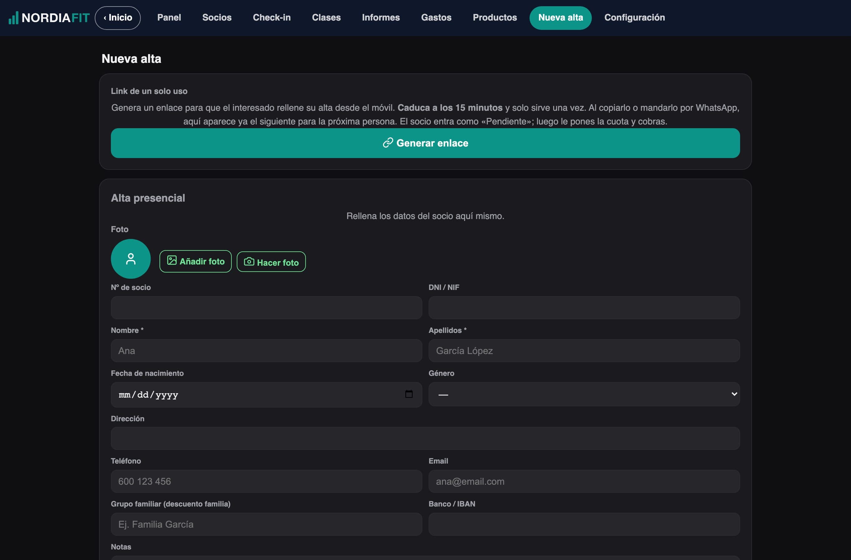 New member sign-up: at the front desk or with a single-use link the member fills in