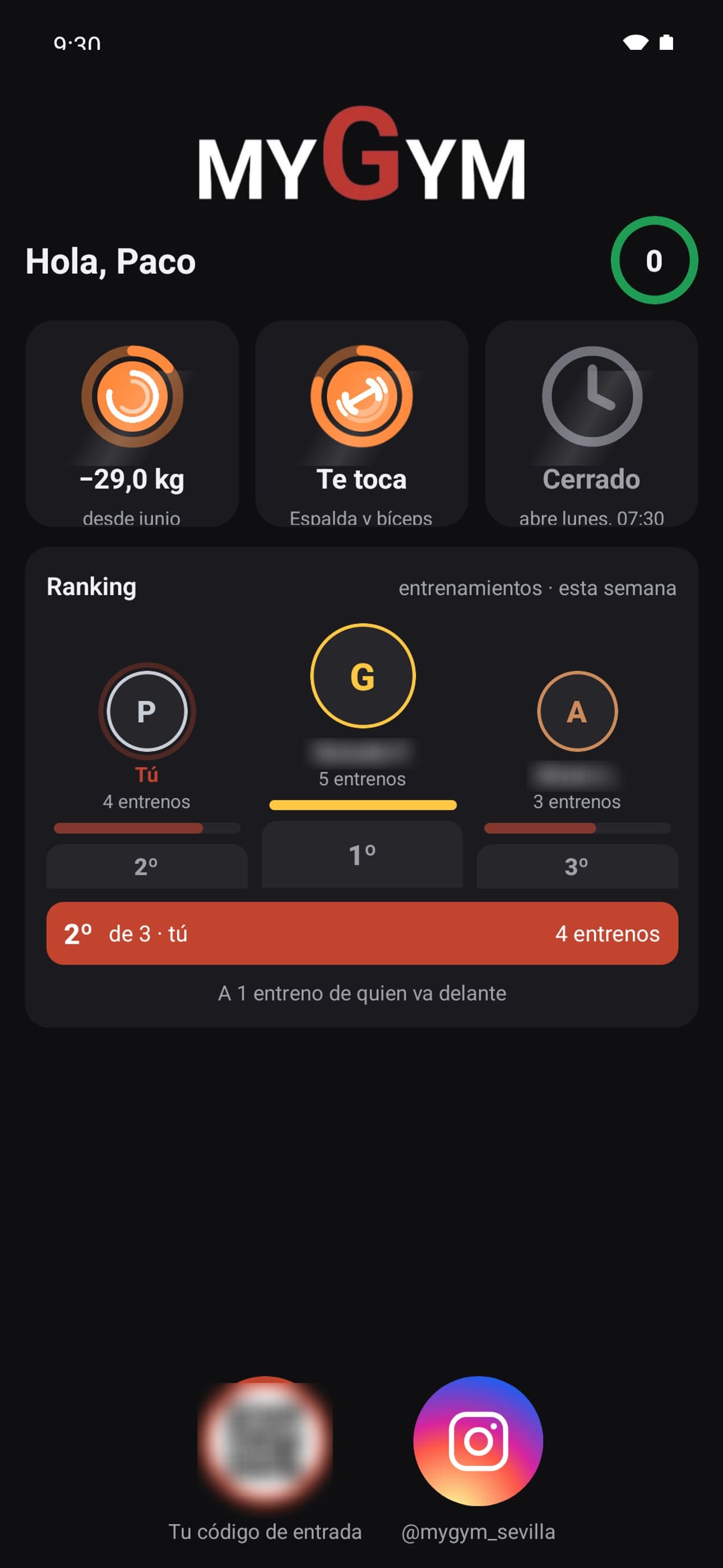 App de MYGYM: la portada con el entreno que toca, el horario y el ranking del centro