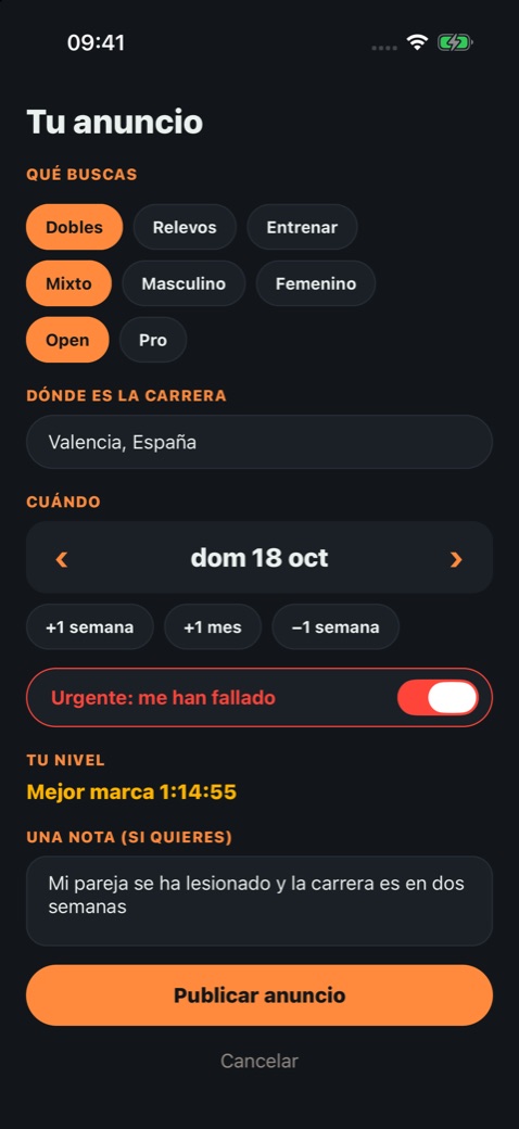8Round, Find a teammate: posting a mixed Doubles ad marked «Urgent: someone dropped out», with the level set by the app