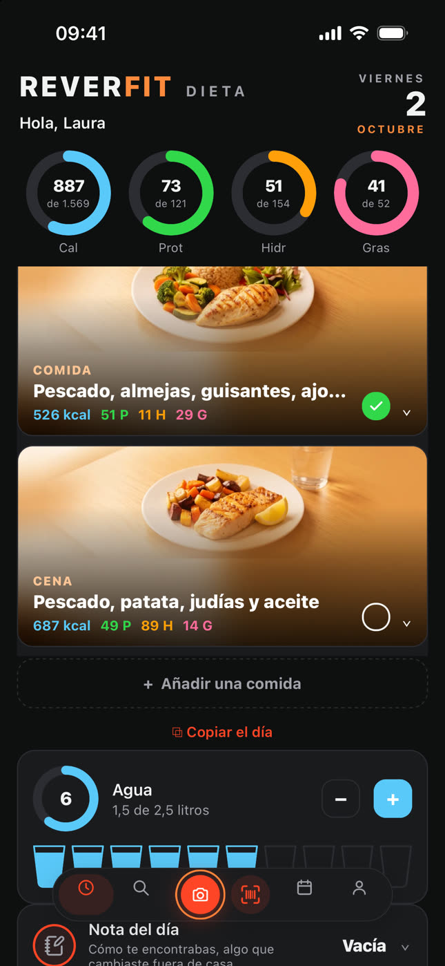 Reverfit Diet (in Spanish): the day's meals and the water