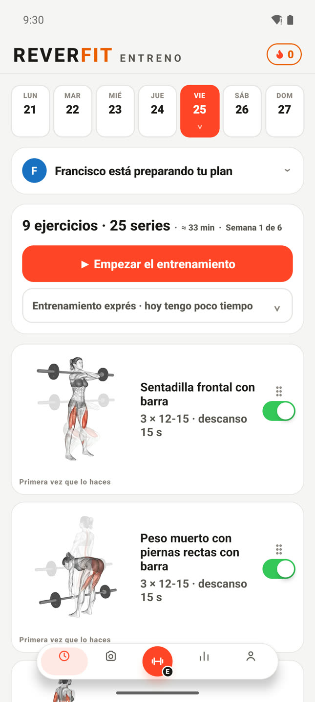 Reverfit Entreno en claro: la pantalla Hoy