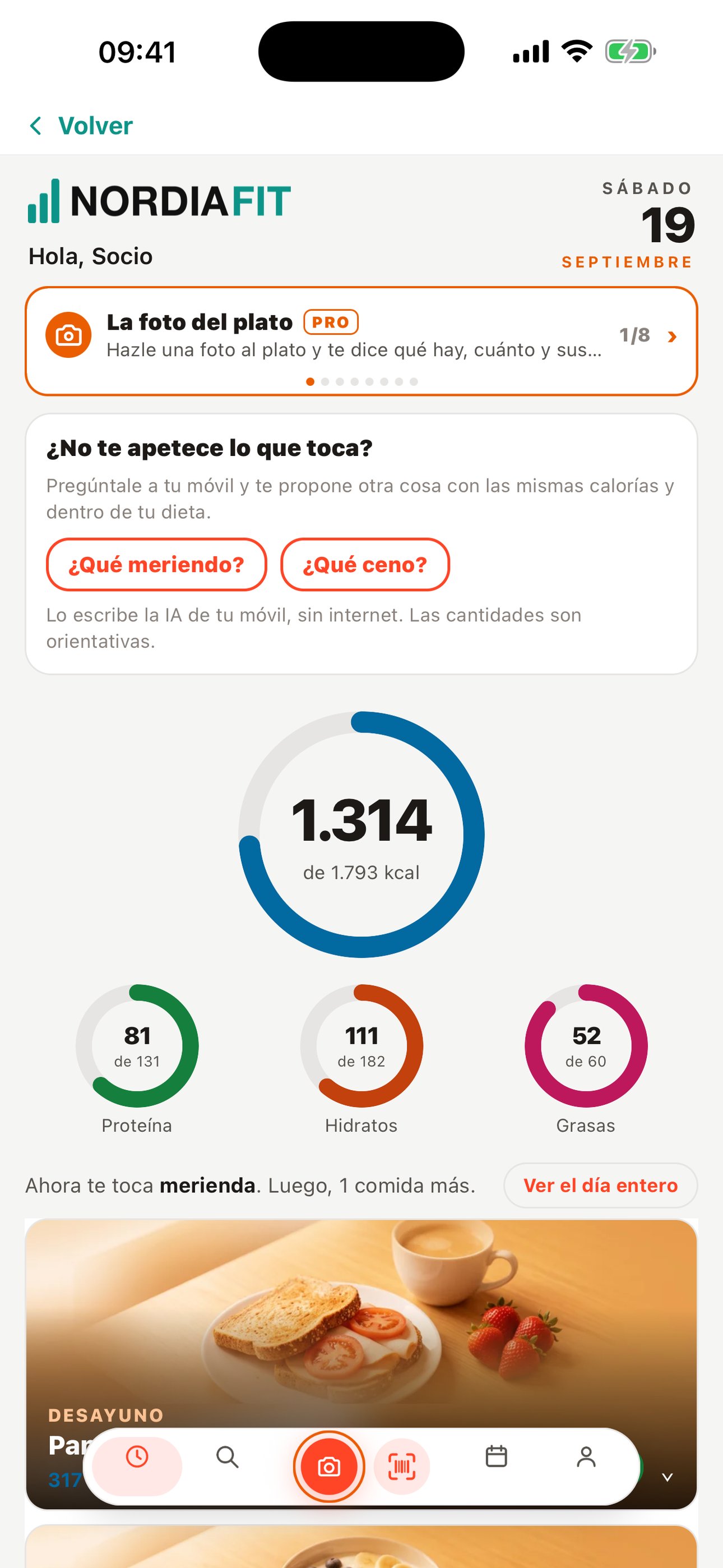 App de dieta: el día del socio con sus calorías y macros en aros y las comidas ya hechas