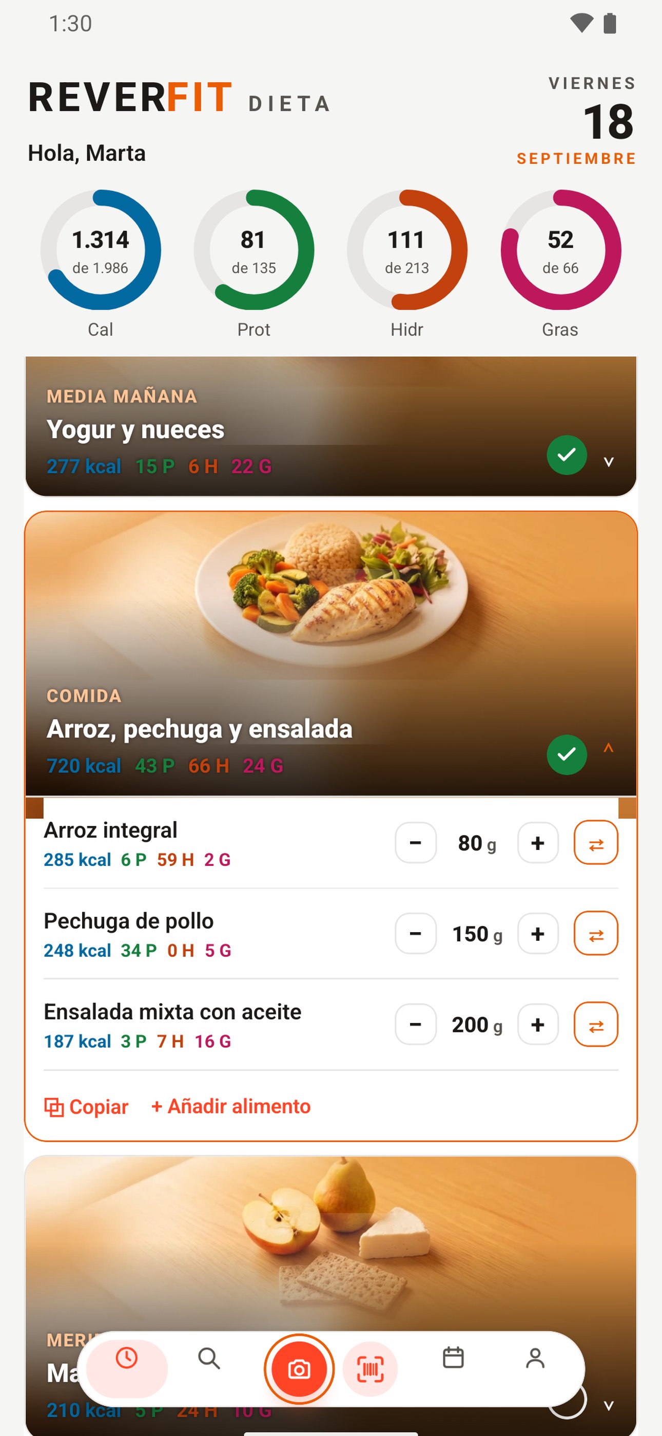 App de dieta: una comida abierta, con los gramos de cada alimento a mano y los macros siempre a la vista