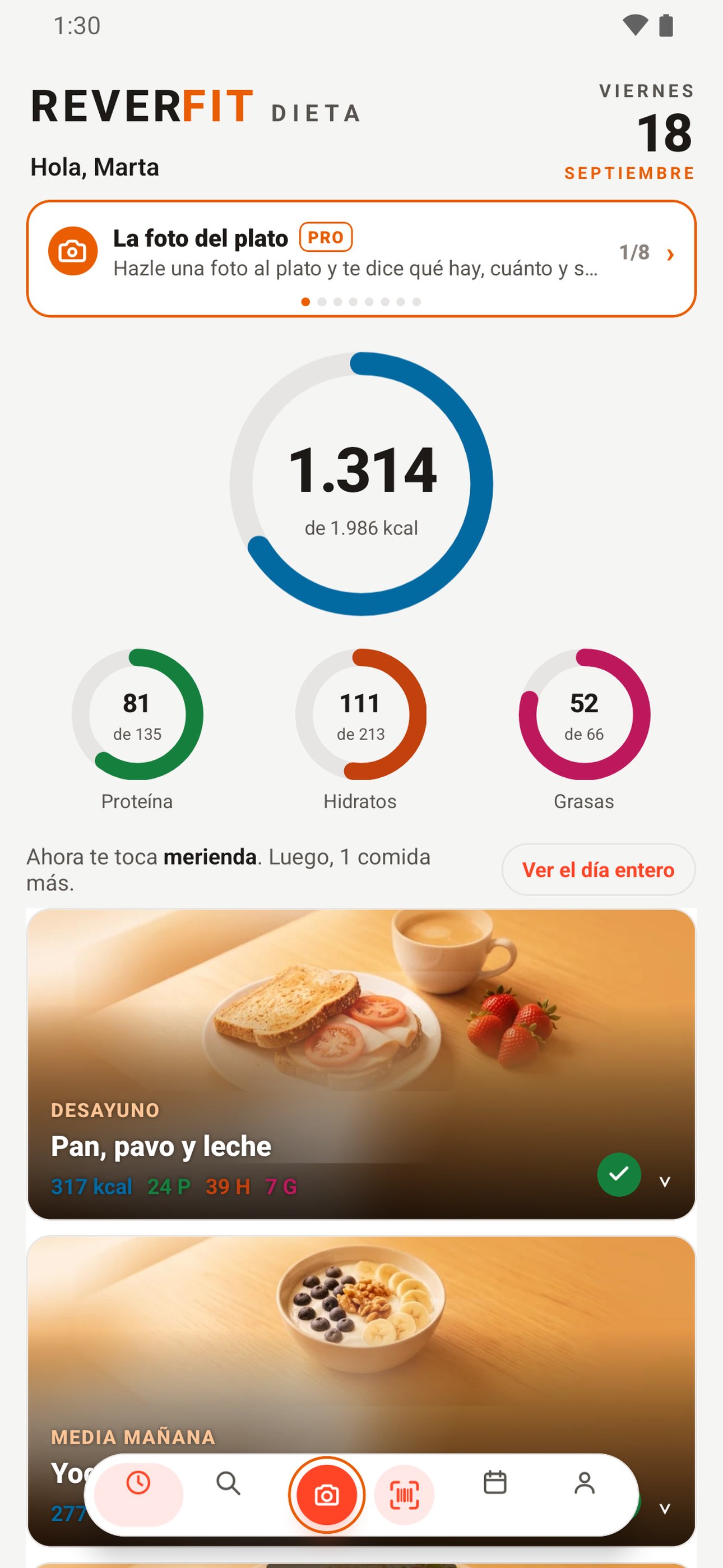 App de dieta: la foto del plato — le haces una foto a tu comida y te dice qué lleva, cuánto y sus calorías, para apuntarlo de un toque