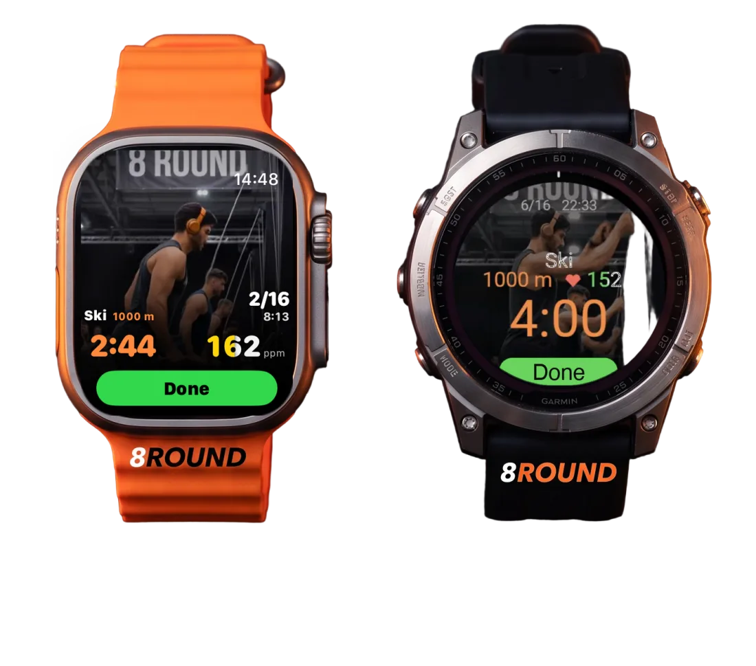 8Round on an Apple Watch Ultra and a Garmin fēnix 8 Pro, with Hugo on the ski erg
