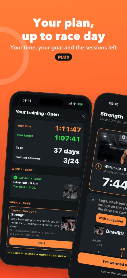 Your plan, up to race day: your time, your goal and the sessions left. Plus