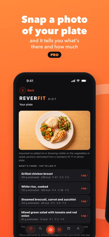 Snap a photo of your plate: it tells you what's there and how much. Pro