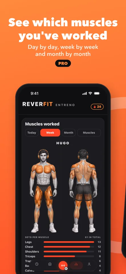 See which muscles you've worked: day by day, week by week and month by month. Pro