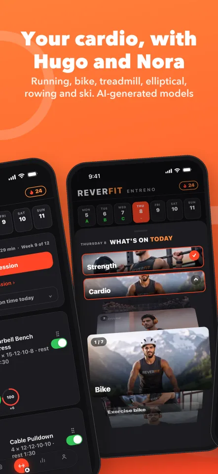Your cardio, with Hugo and Nora: running, bike, treadmill, elliptical, rowing and ski. AI-generated models
