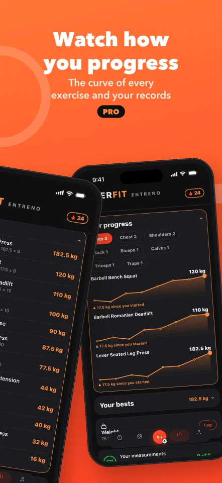 Watch how you progress: the curve of every exercise and your records. Pro