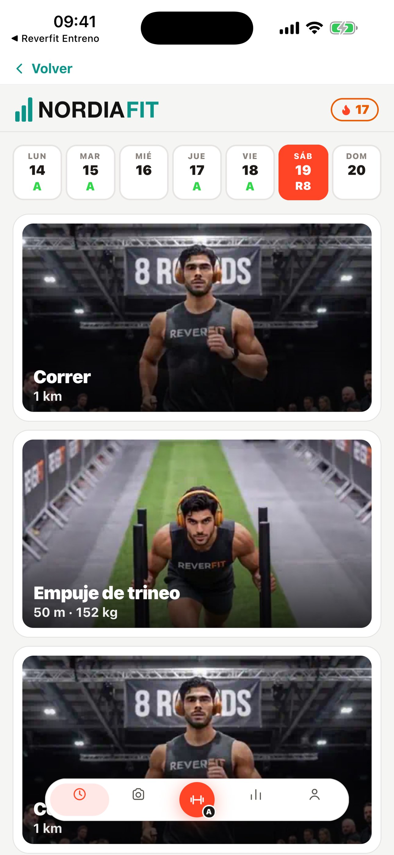 App de entrenamiento: los tramos de 8 Rounds con Hugo corriendo y empujando el trineo
