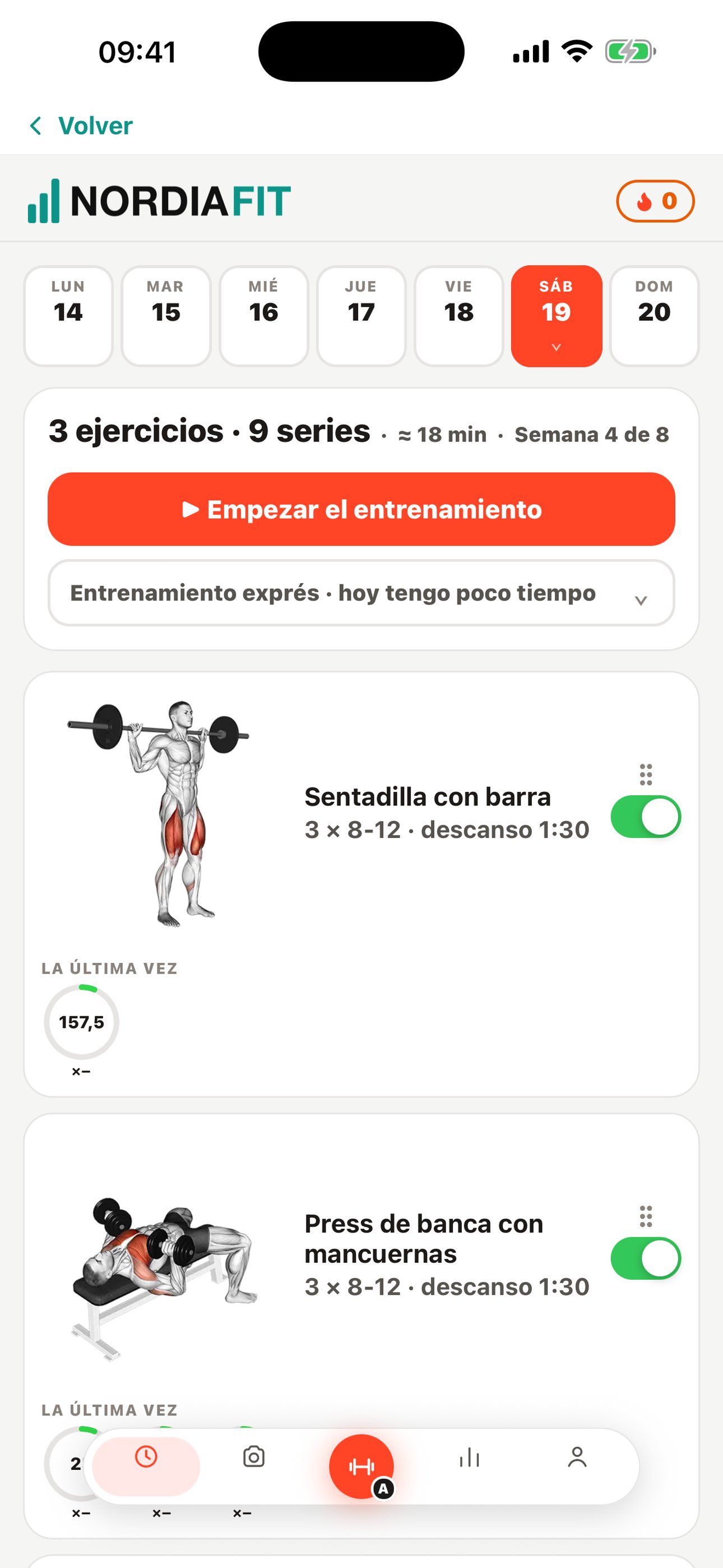 La app de entrenamiento con la sesión de hoy, la semana arriba y lo que se hizo la última vez