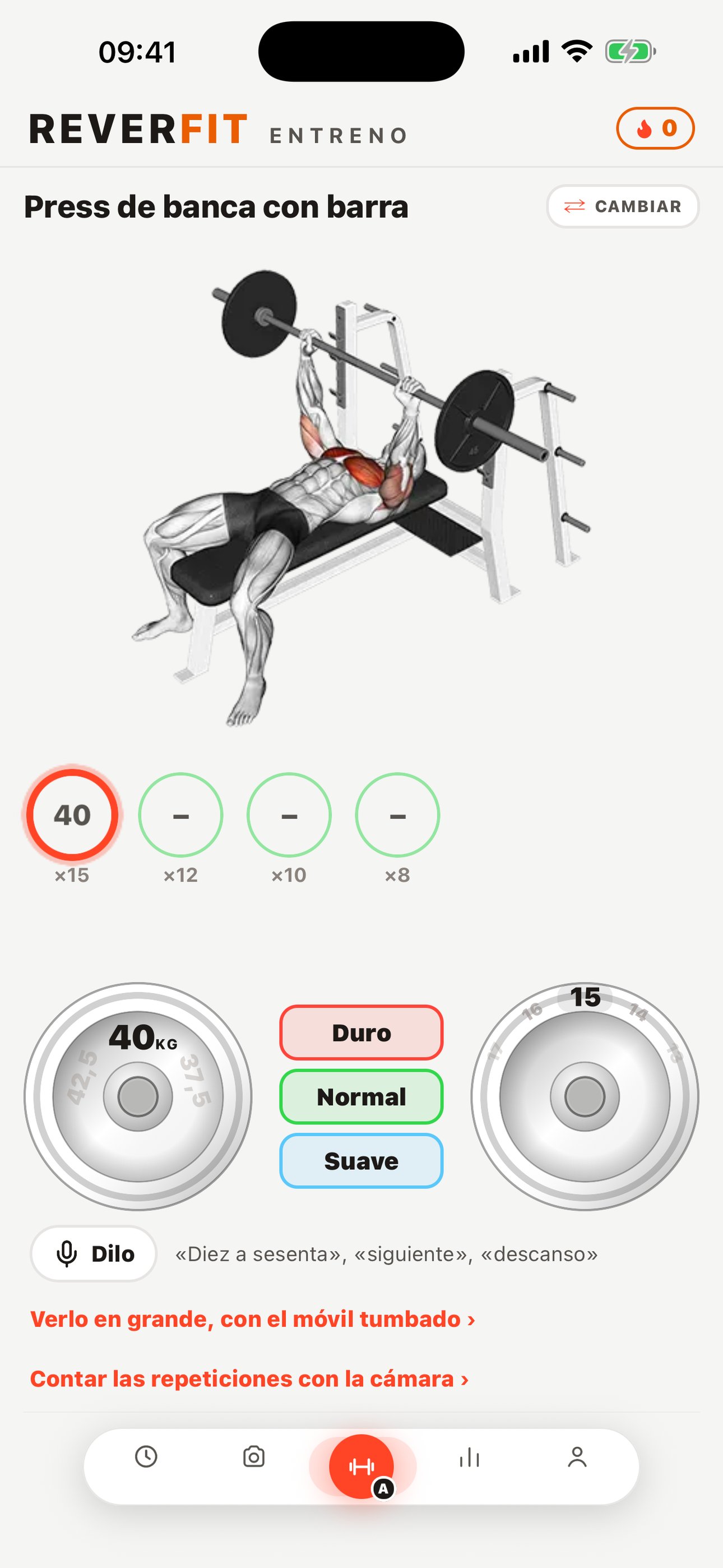 App de entrenamiento: el ejercicio en curso: cada serie es un aro, el peso y las repeticiones en sus ruedas