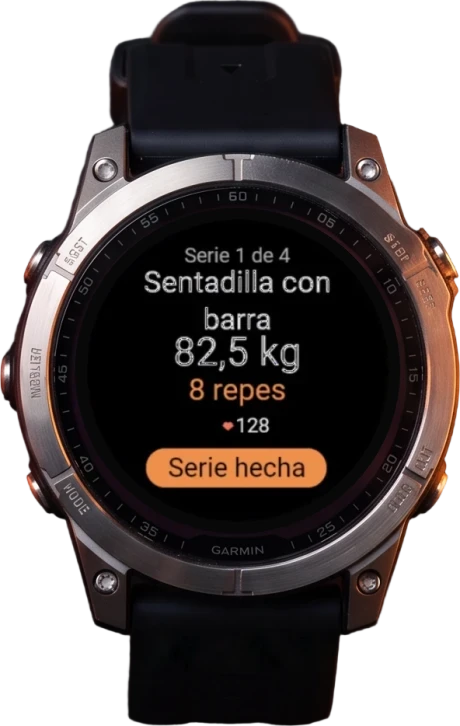 Reverfit on a Garmin watch: the set with weight, reps and heart rate