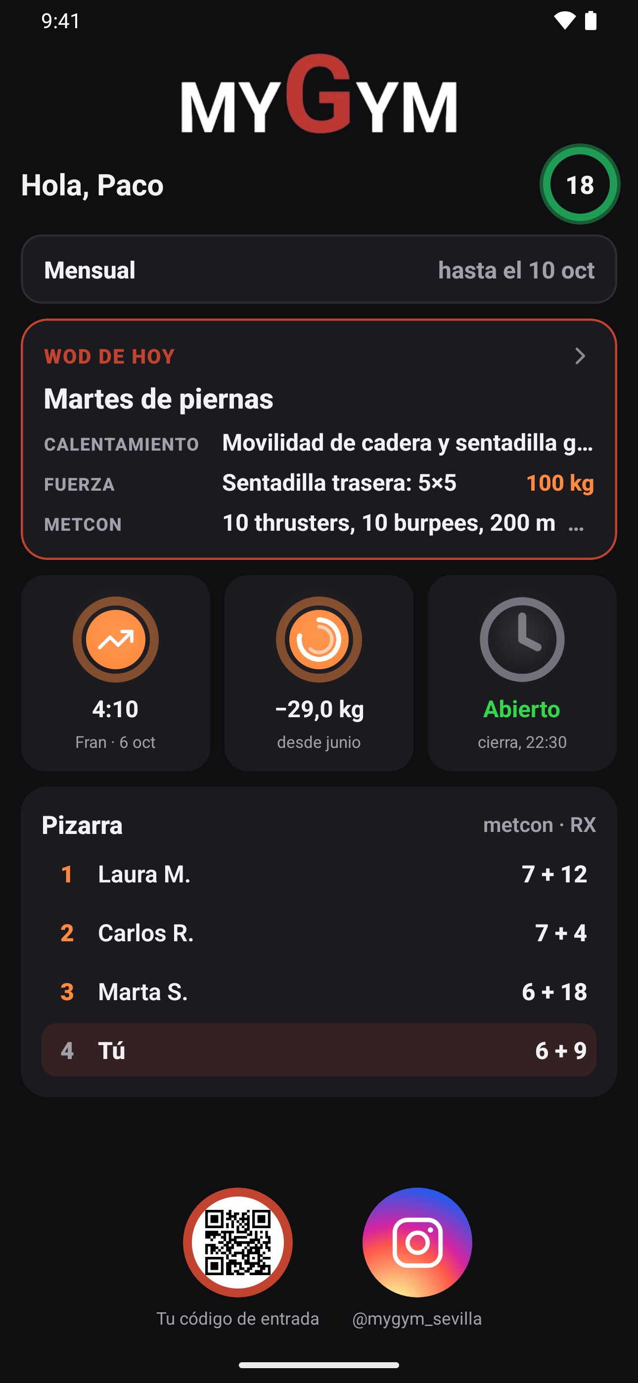 The member app in Box mode: today's WOD, their PRs and the leaderboard