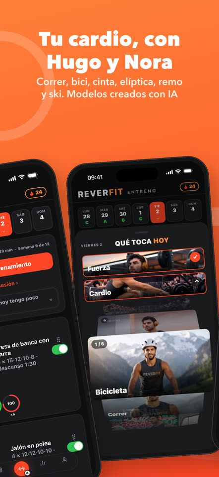Tu cardio, con Hugo y Nora: correr, bici, cinta, elíptica, remo y ski. Modelos creados con IA
